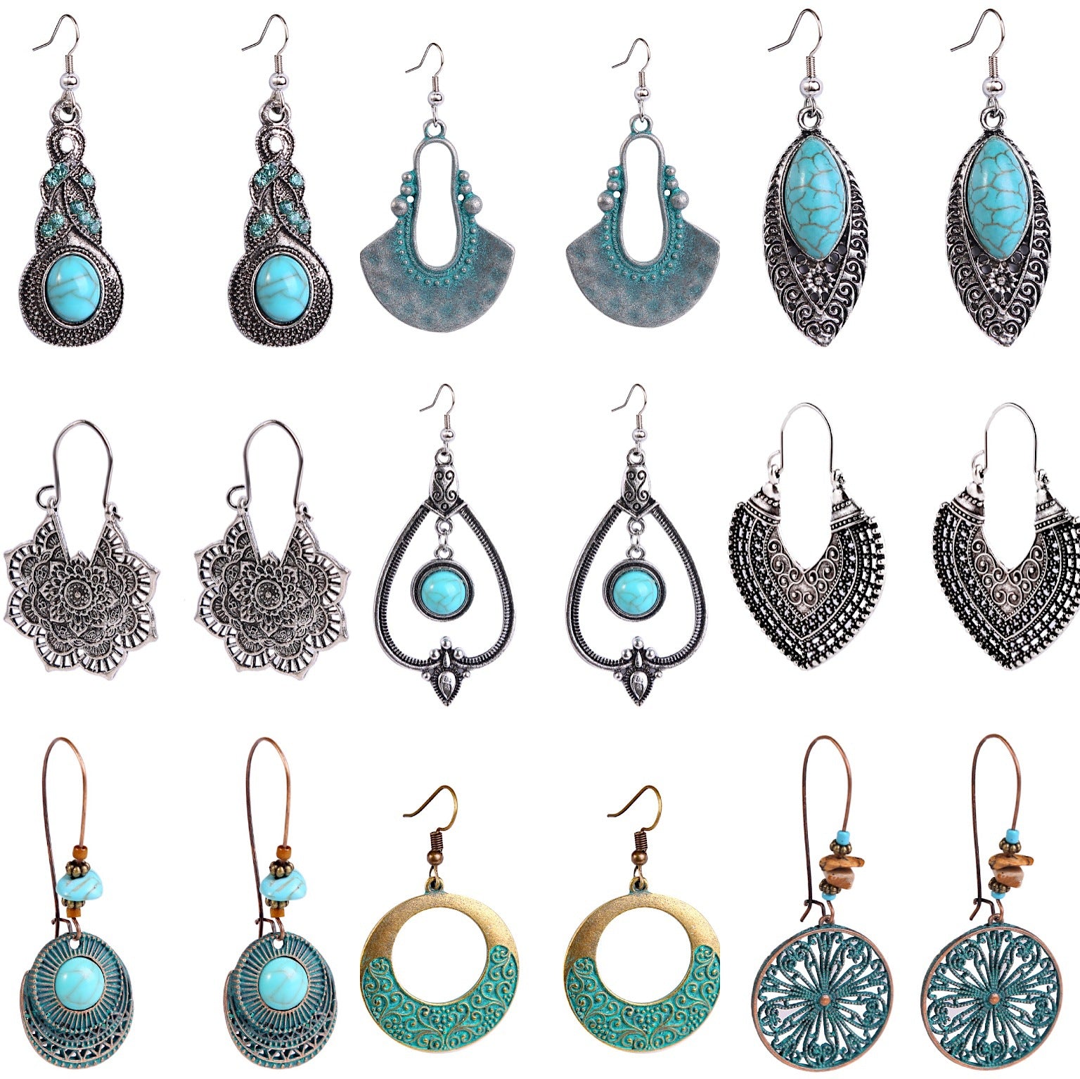 Wholesale Turquoise Vintage Bohemian Alloy Earrings